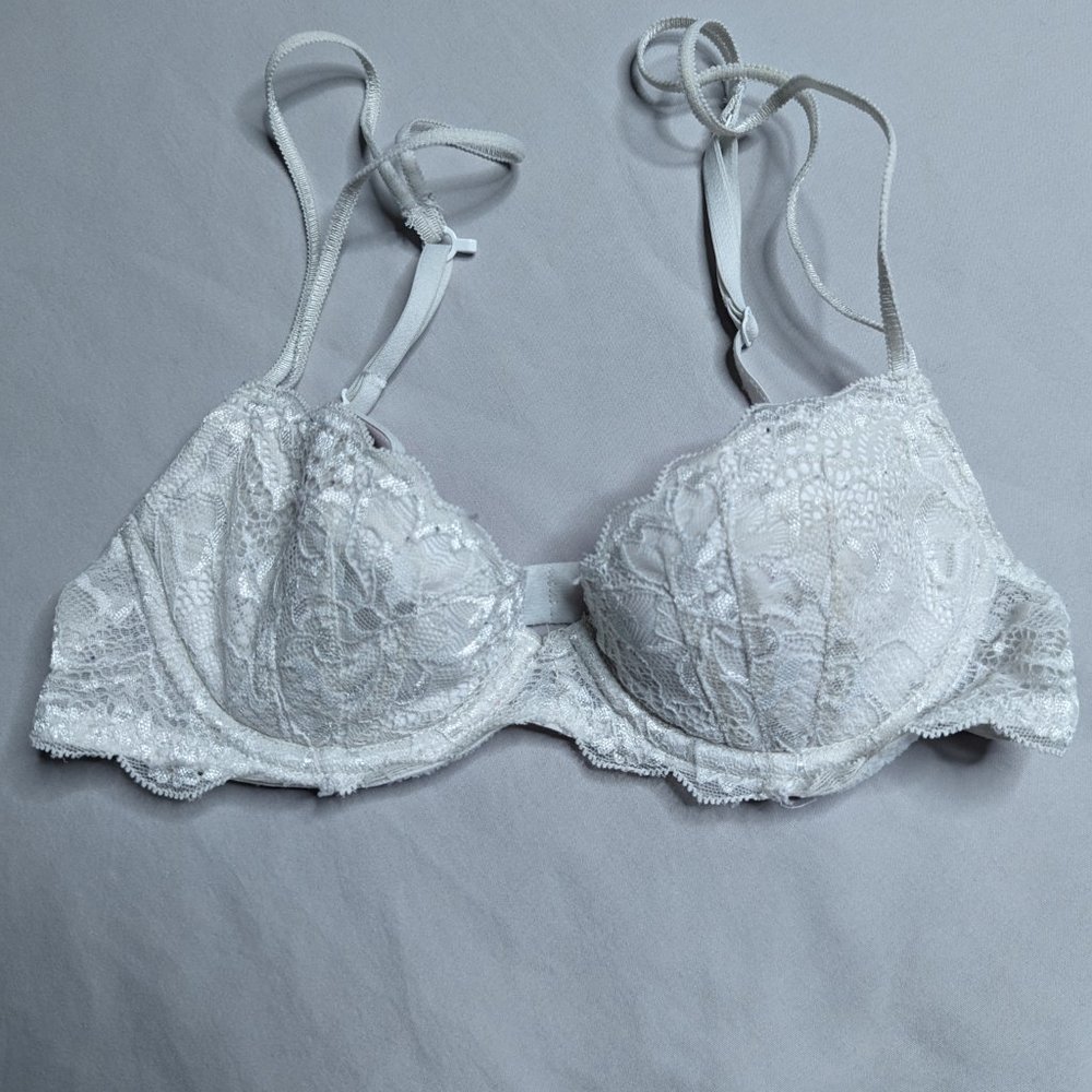 White Cream Lace Bra Sexy Double Strap Light Lined Demi-Buste (32A) PINK